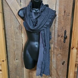 Banana Republic Knit Scarf Wool Cashmere w/ Silk Ruffle 10"×73" Charcoal Gray